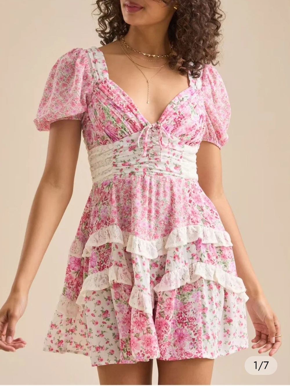 Altar'd State Aderny Patchwork Pink Floral Ruffle Mini Dress